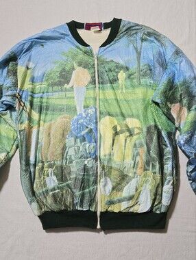 Vintage Scenic Green & Blue Bomber Jacket with Zip Front